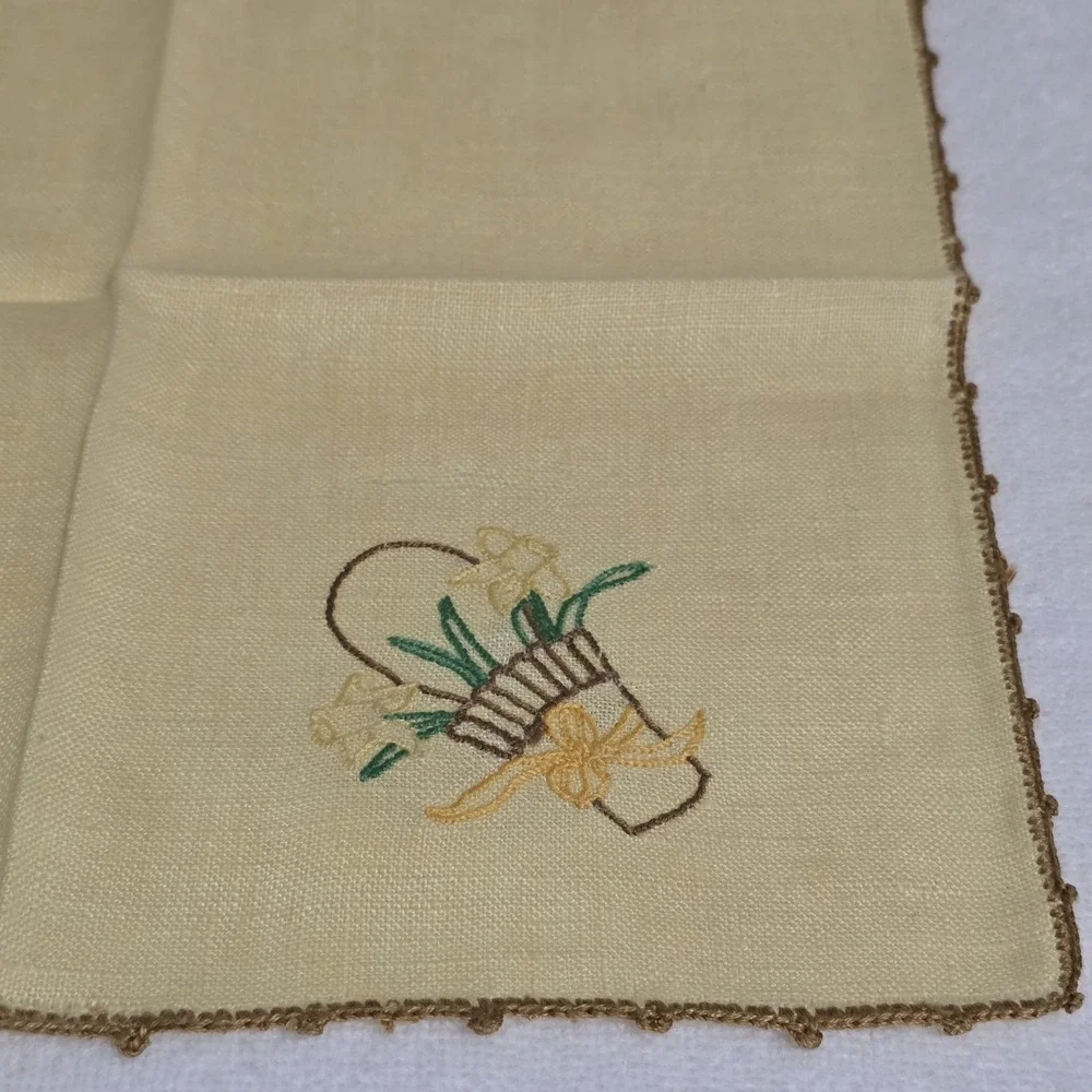 VTG Hand‎ Embroidered Linen Napkins Set of 4 Yellow Floral Basket Crochet Trim